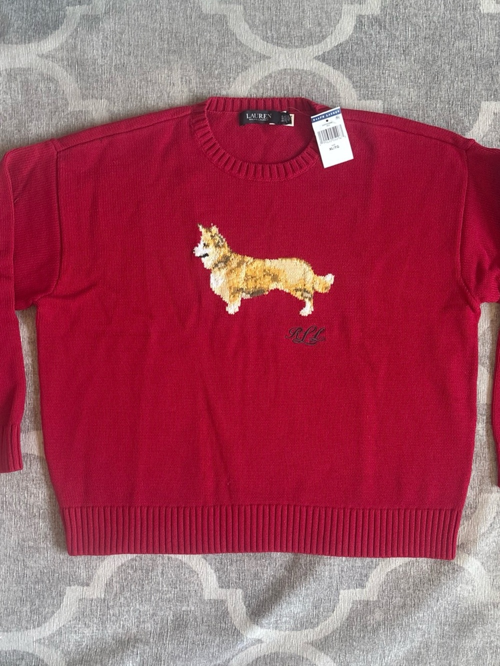 Ralph Lauren Red Crewneck Sweater with Corgi Motif